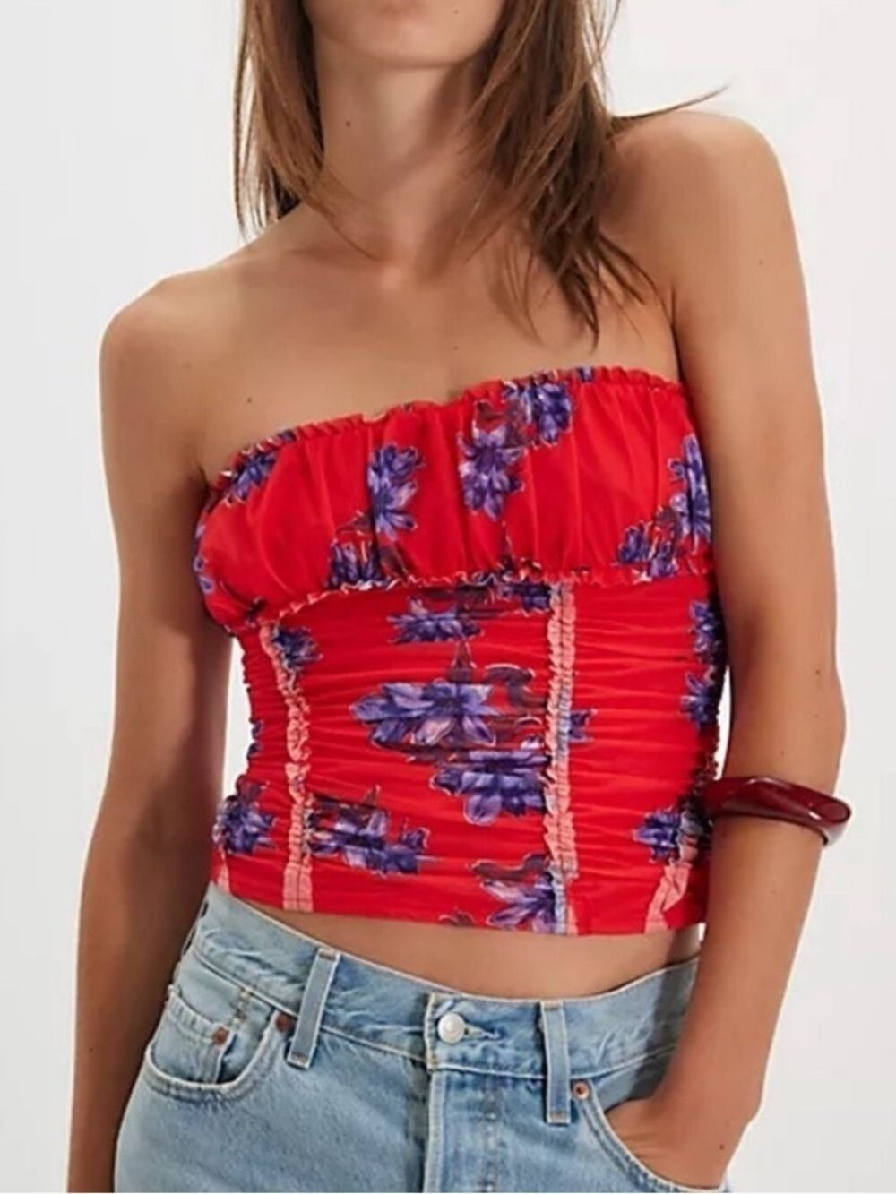 Free People Scottie printed sleeveless tube top Hot red combo Sz L BarbieCore